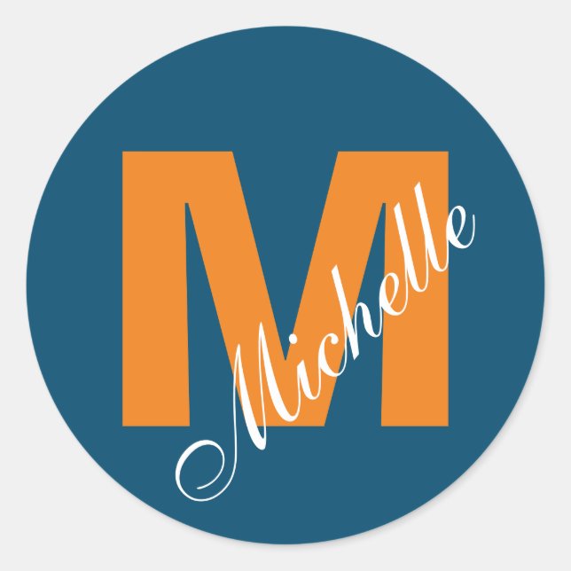 Monogram Own Name Initial Modern Ocean Blue Orange Classic Round Sticker (Front)