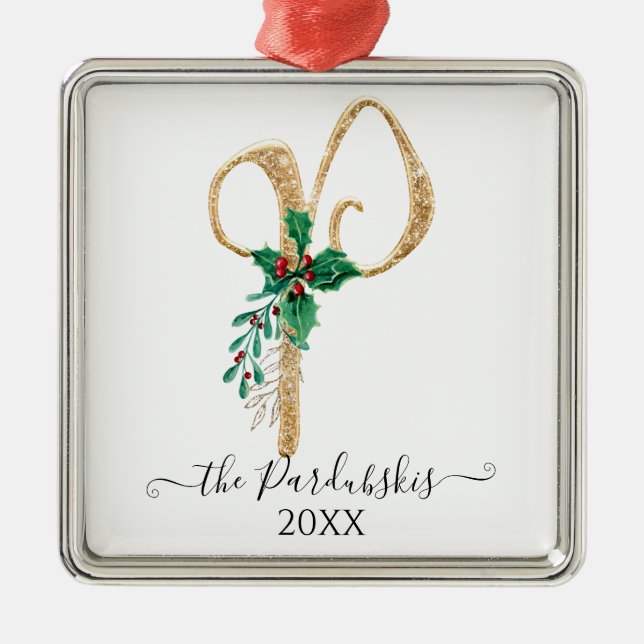 Monogram P Glitter Gold Christmas Holly Foliage Metal Ornament (Front)