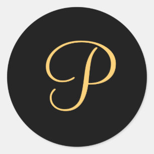 Monogram P,  gold coloured initial P on black,  Classic Round Sticker