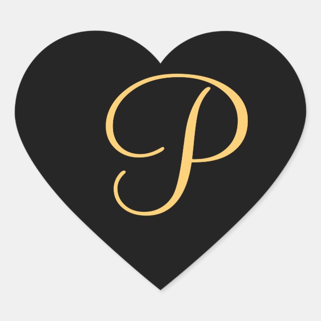 Monogram P,  gold coloured initial P on black, Heart Sticker (Front)