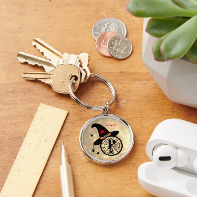 Monogram P Halloween Sky Witch Spiders Name Keychain (Desk)
