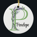 Monogram P Lavender Eucalyptus nursery  Poster Ceramic Ornament<br><div class="desc">A romantic and elegant design with monogrammed alphabet letter framed by eucalyptus and lavender and dragonfly painted in watercolors. To get started changing the name, click on "Personalize this template" and edit the wording in the template boxes. To access the more advanced editing tools, scroll down to "Click to customize...</div>