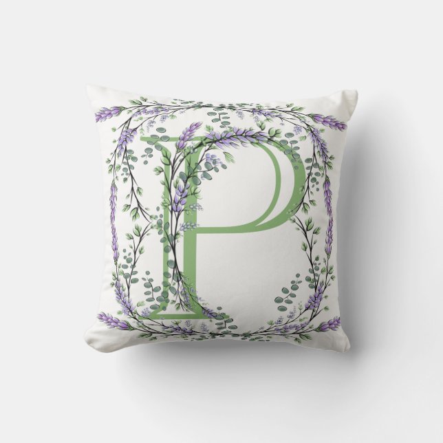 Monogram P Lavender Eucalyptus Throw Pillow (Front)
