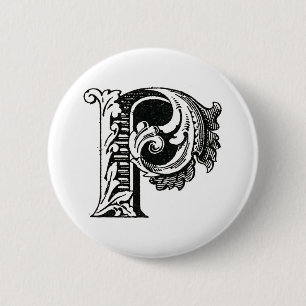Monogram P, Letter P, Alphabet P, Black and White 2 Inch Round Button