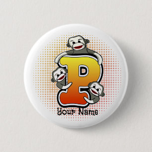 Monogram P Sock Monkey   2 Inch Round Button