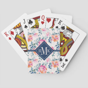 Monogram Painted Roses Pattern Playing Cards
