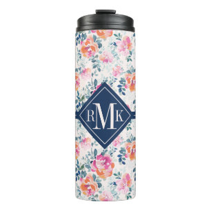Monogram Painted Roses Pattern Thermal Tumbler