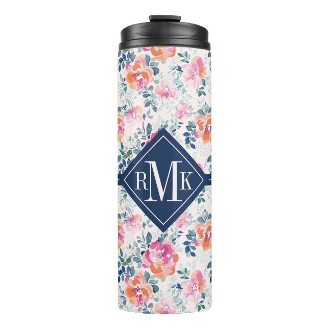 Monogram | Painted Roses Pattern Thermal Tumbler (Front)