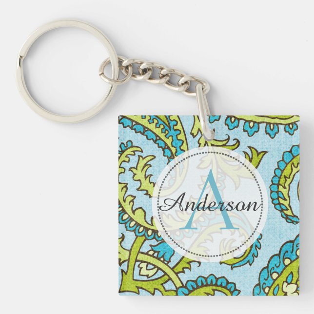 Monogram Paisley Colourful Aqua Boho Trendy Chic Keychain (Front)