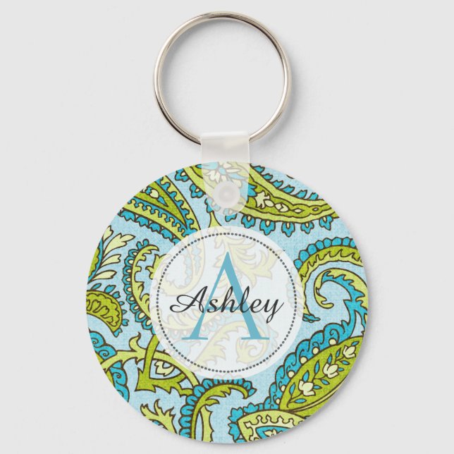 Monogram Paisley Colourful Aqua Boho Trendy Chic Keychain (Front)