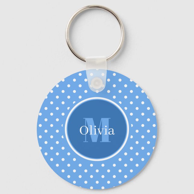 Monogram Pale Blue and White Polka Dots Keychain (Front)