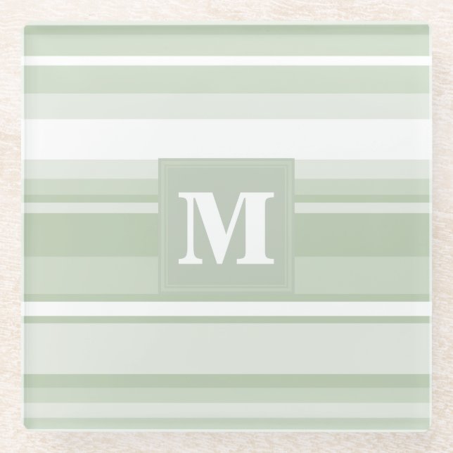 Monogram pale green stripes glass coaster (Front)