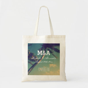Monogram palm destination beach wedding tote bags
