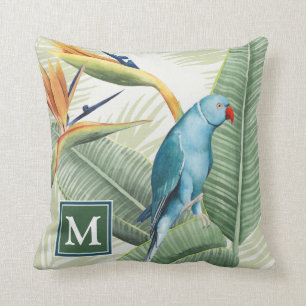 Monogram   Palm Leaves With Blue Bird Throw Pillow