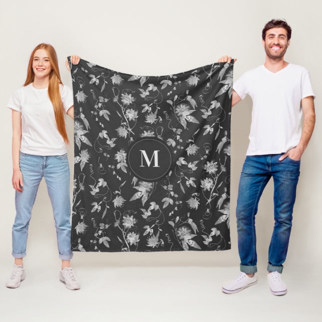 Monogram Passion Flowers Dark Grey Fleece Blanket (In Situ)