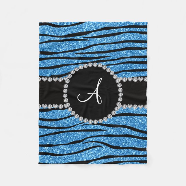 Monogram pastel blue glitter zebra stripes circle fleece blanket (Front)