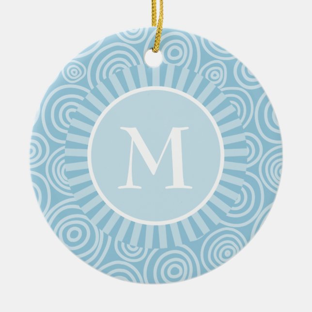 Monogram Pastel Blue Spirals - Personalized Ceramic Ornament (Front)