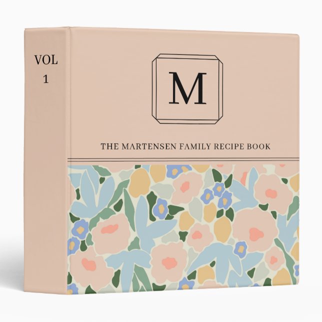Monogram Pastel Pink Blue Flower Pattern Recipe Binder (Front/Spine)
