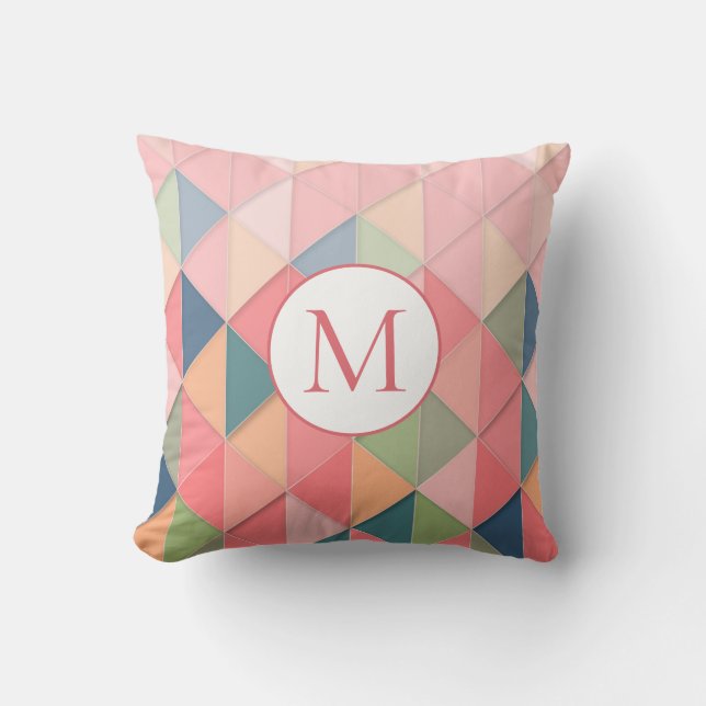 Monogram Pastel Pink Blue Green Geometric Pattern Throw Pillow (Front)