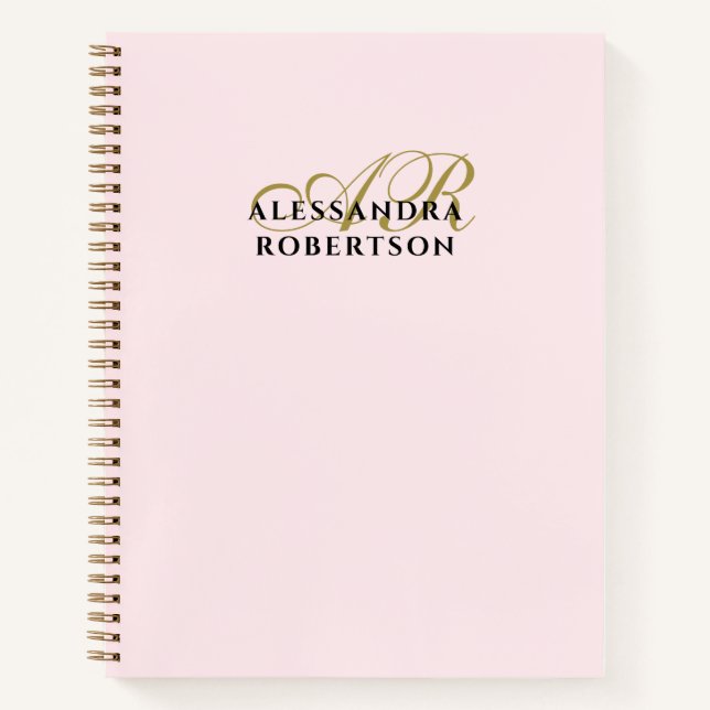 Monogram Pastel Pink Gold Black Minimalist Elegant Notebook (Front)