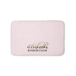Monogram Pastel Pink Gold Black Minimalist Stylish Bath Mat