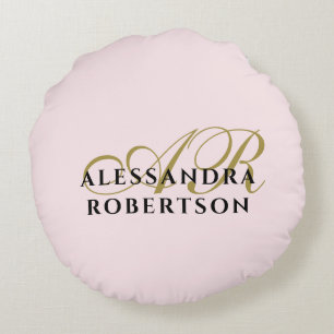 Monogram Pastel Pink Gold Black Stylish Minimalist Round Pillow