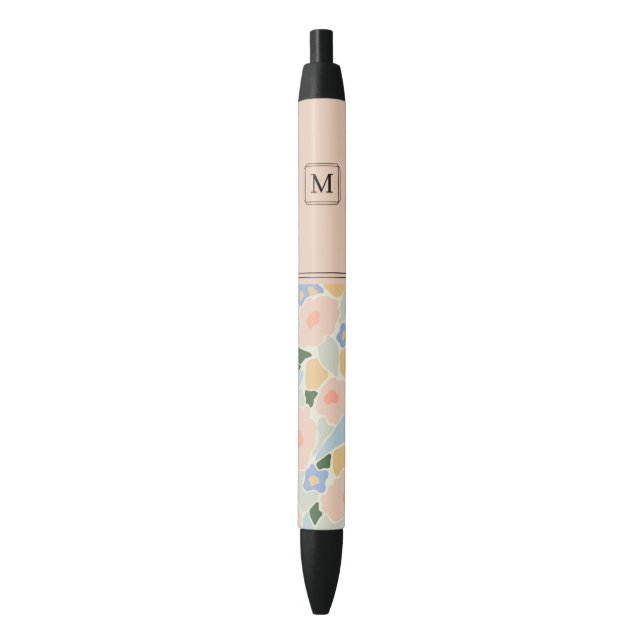 Monogram Pastel Pink Light Blue Flower Pattern Black Ink Pen (Front Vertical)