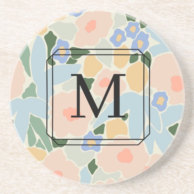 Monogram Pastel Pink Light Blue Flower Pattern Coa Coaster (Front)