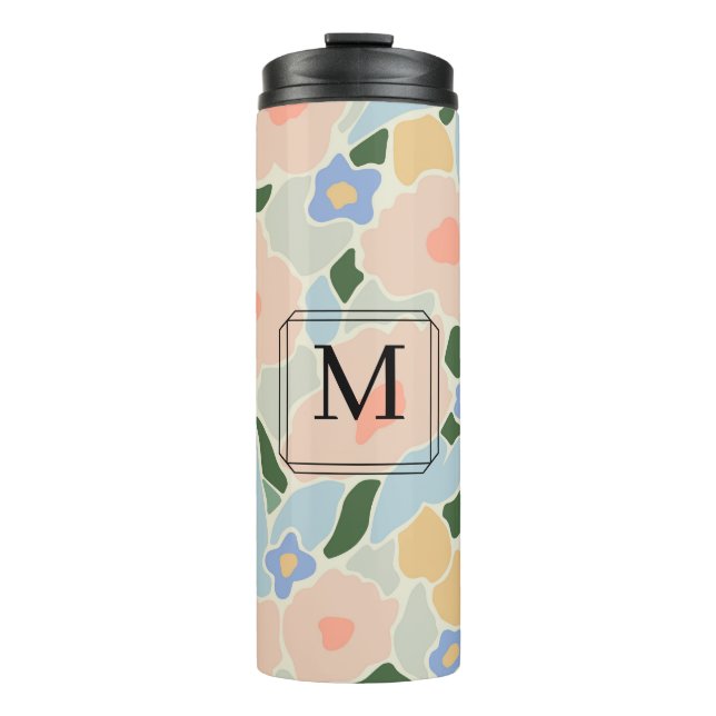 Monogram Pastel Pink Light Blue Flower Pattern Thermal Tumbler (Front)