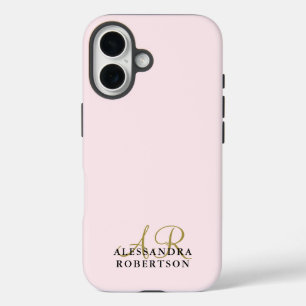 Monogram Pastel Pink Minimalist Gold Black Elegant iPhone 16 Case