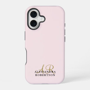 Monogram Pastel Pink Minimalist Gold Black Elegant iPhone 16 Case
