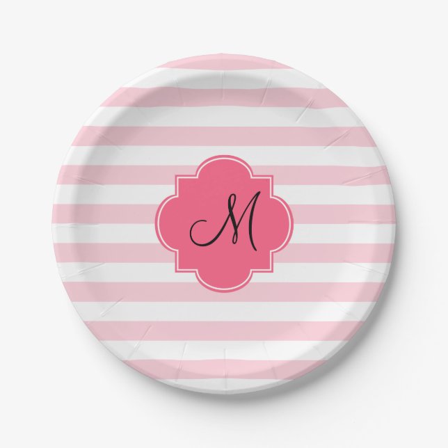 Monogram Pastel Pink Stripes Patten Paper Plate (Front)