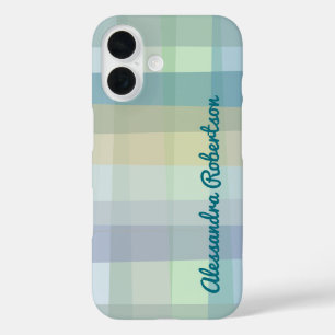 Monogram Pastel Plaid Blue Teal Green Yellow Mauve iPhone 16 Case