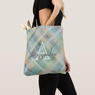 Monogram pastel plaid green grey yellow teal tote bag
