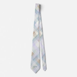 Monogram Pastel Plaid Tartan Powder Blue Cream Tie