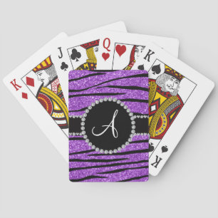 Monogram pastel purple glitter zebra stripes playing cards