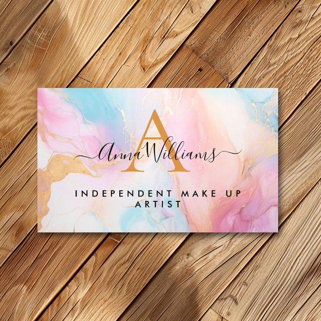 Monogram Pastel Rainbow and Gold Modern Marble Business Card (Creator Uploaded)