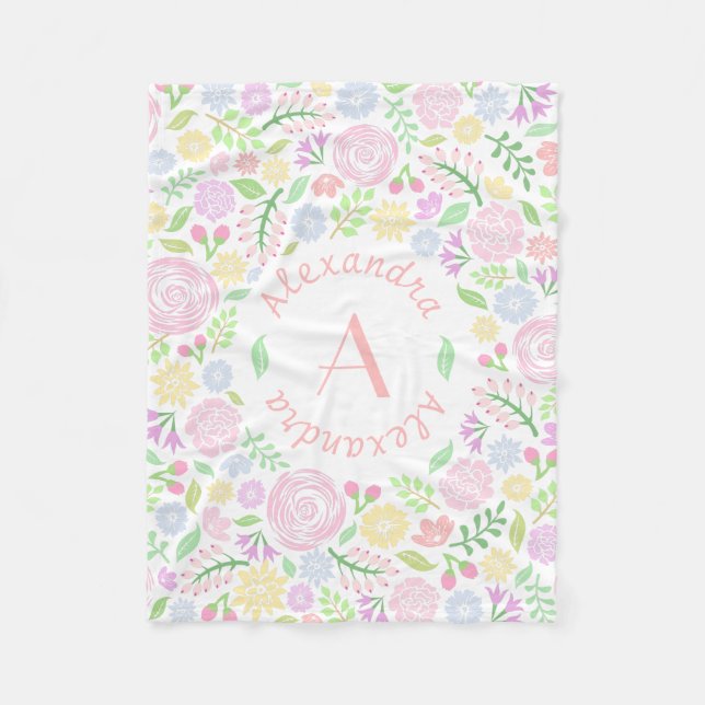 Monogram Pastel Roses Fleece Blanket for Baby Girl (Front)