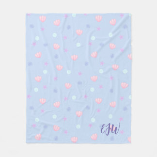 Monogram Pastel Seashells and Pearls in Periwinkle Fleece Blanket