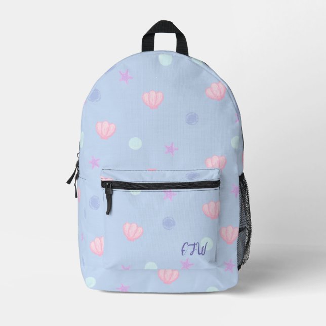 Monogram Pastel Seashells and Pearls in Periwinkle Printed Backpack (Front)