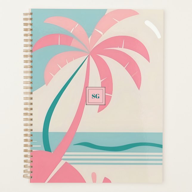 Monogram pastel tropical beach pink and teal planner (Front)