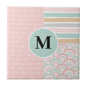 Monogram Patchwork Hearts Rainbow Ceramic Tile