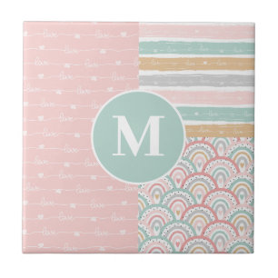 Monogram - Patchwork  Hearts Rainbow  Ceramic Tile
