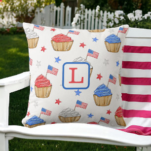 Monogram Patriotic Cupcake Red White Blue  Throw Pillow