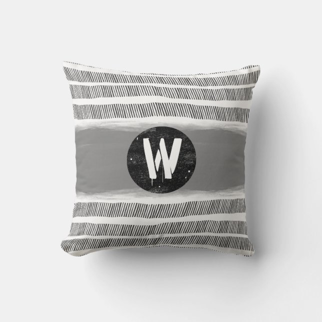 monogram pattern black white and grey boho  throw pillow (Front)