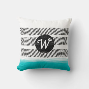 monogram pattern black white and turquoise boho throw pillow