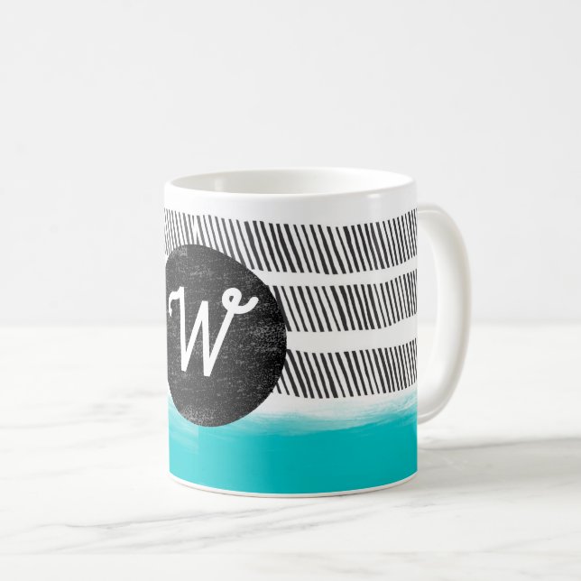 monogram pattern black white turquoise modern coffee mug (Front Right)