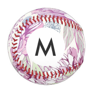 Monogram Pattern with pink flowers Baseball