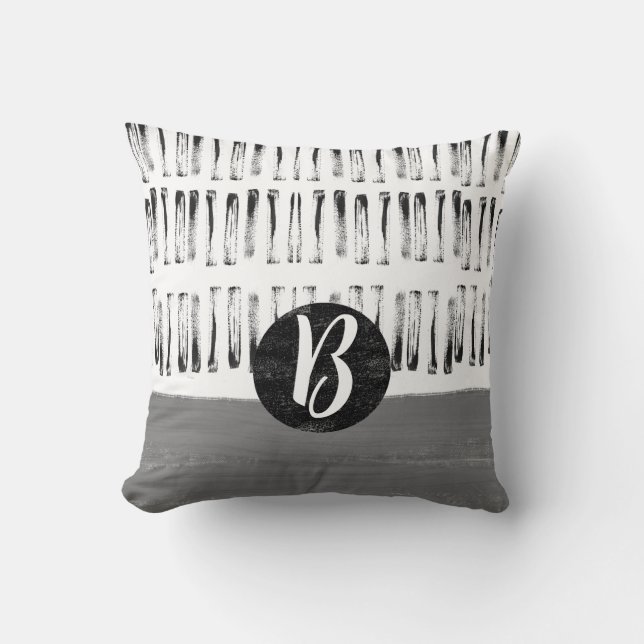monogram patterned grey and white minimalist  throw pillow (Front)
