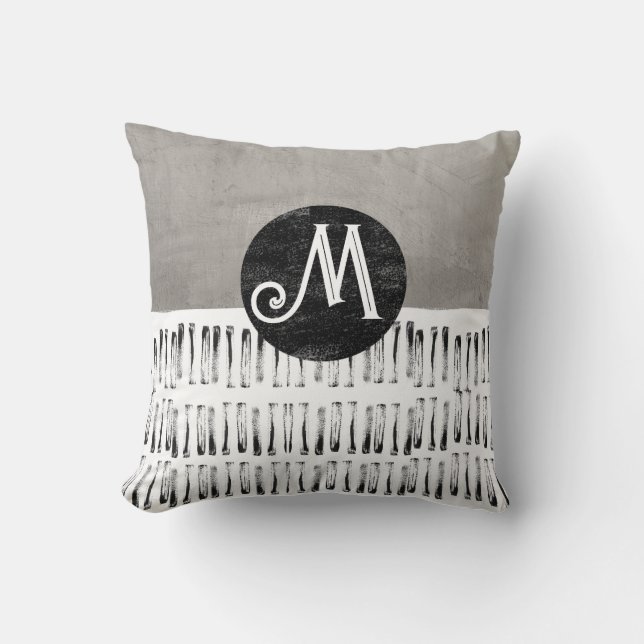 monogram patterned grey and white modern throw pillow (Front)